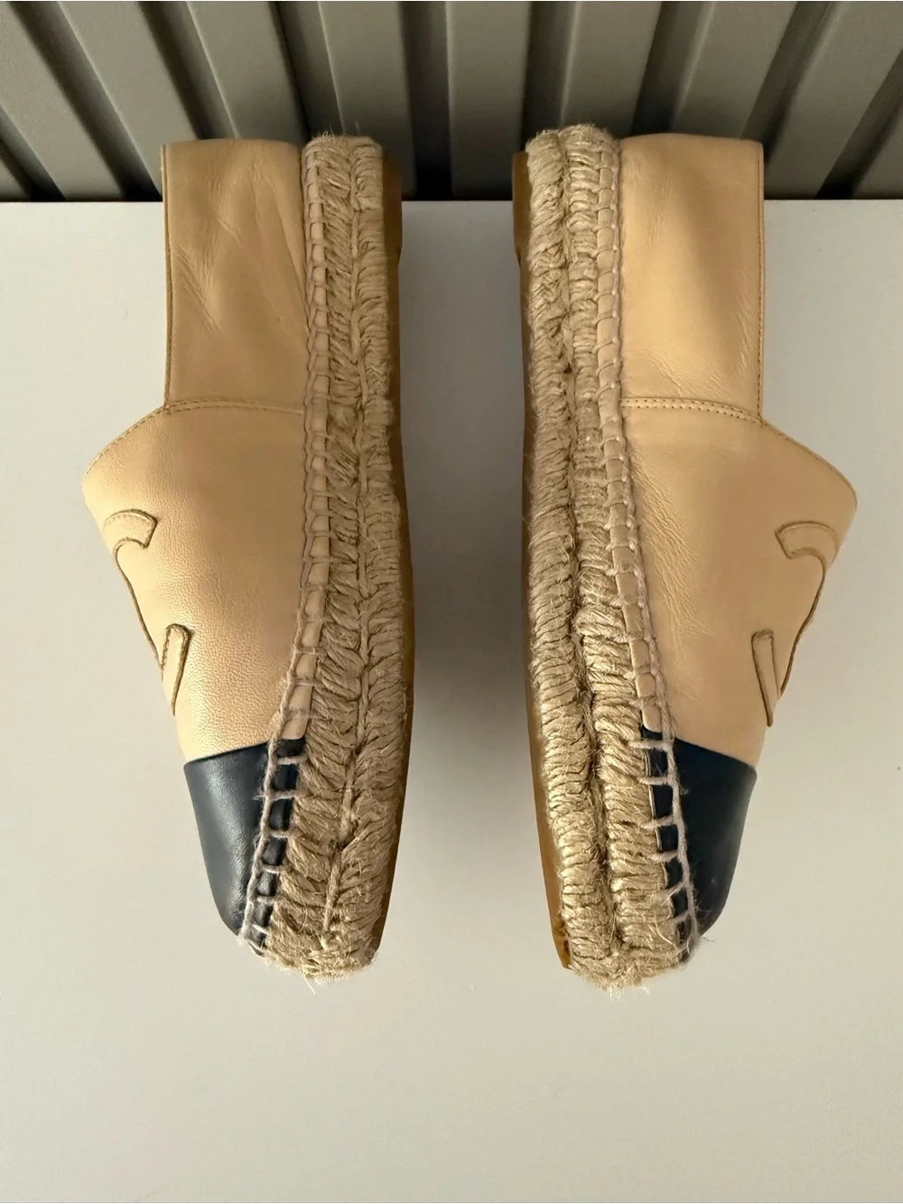CHANEL Beige and Black Leather Espadrille Flats 100% Authentic